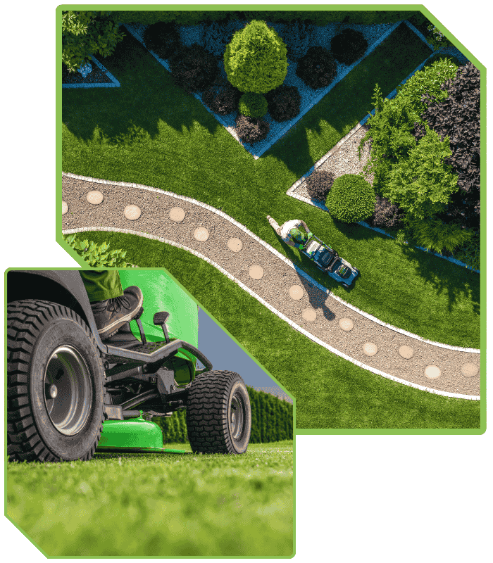 Aerial view of a well-maintained lawn with a landscaping crew using a riding mower, showcasing intricate pathways and lush greenery, emphasizing ProLawn & Landscaping's commitment to quality lawn care in Carlisle.