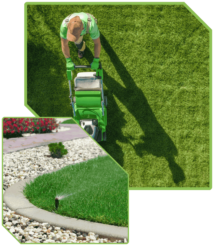 Man in green shirt and gloves mowing a lush green lawn with a push mower, showcasing expert lawn care services in Boiling Springs.